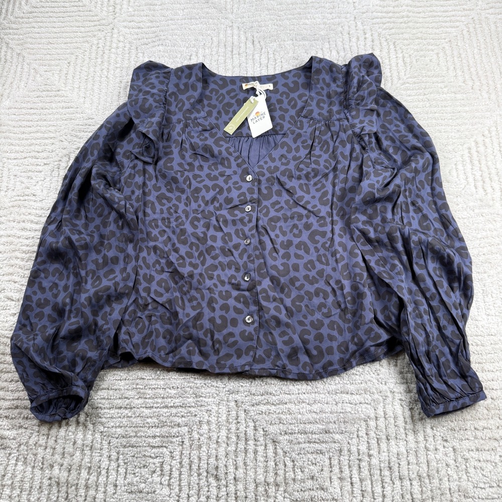 Marine Layer Rory Ruffle Blouse Women's Small Blue Animal Print Boho Romantic